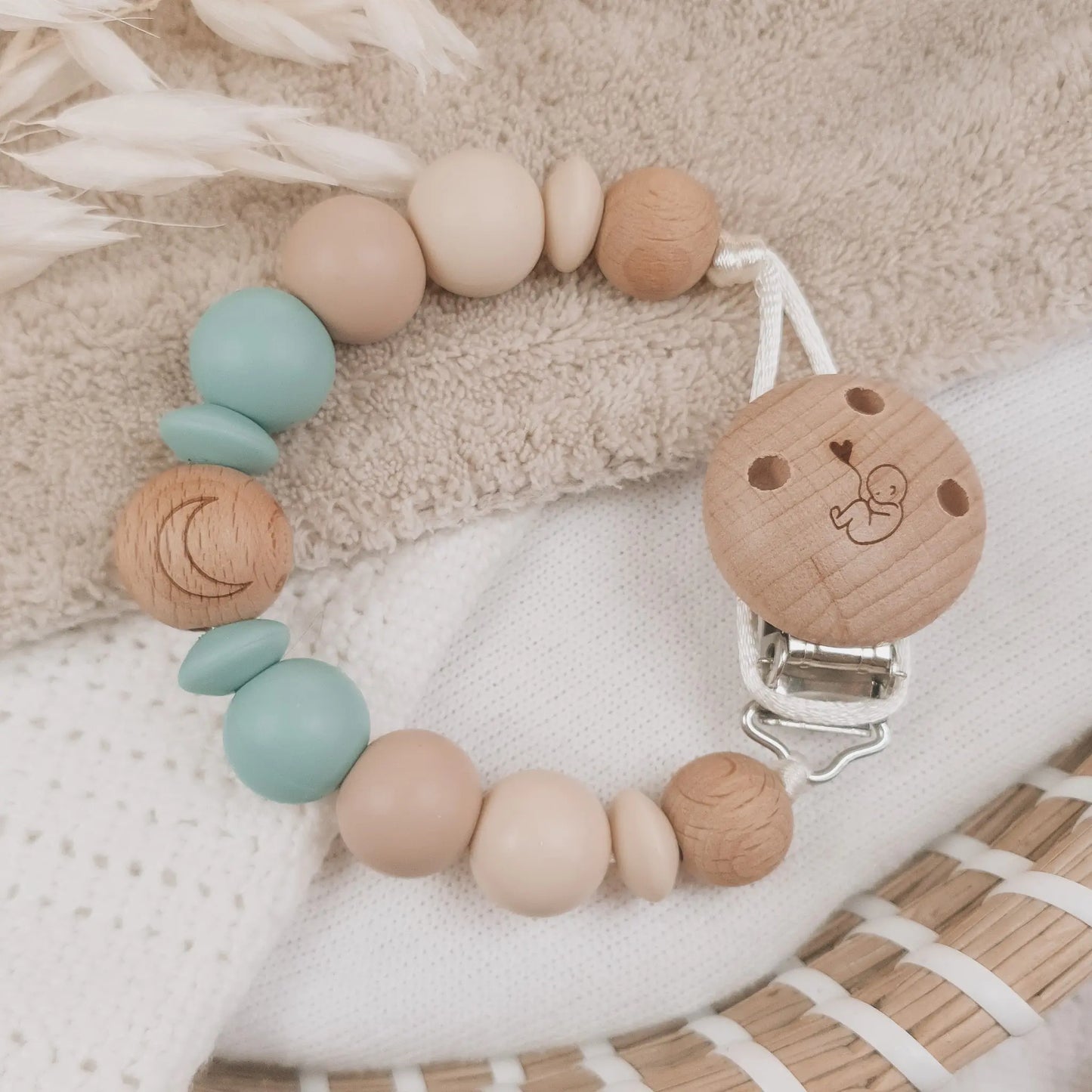 Speenkoord zonder naam, beige zee blauw siliconen kralen met hout