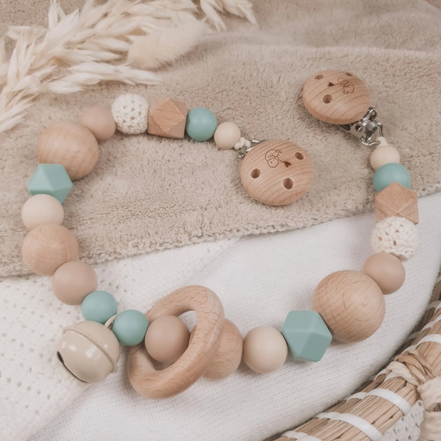 Wagenspanner beige, zee blauw met siliconen en hout.